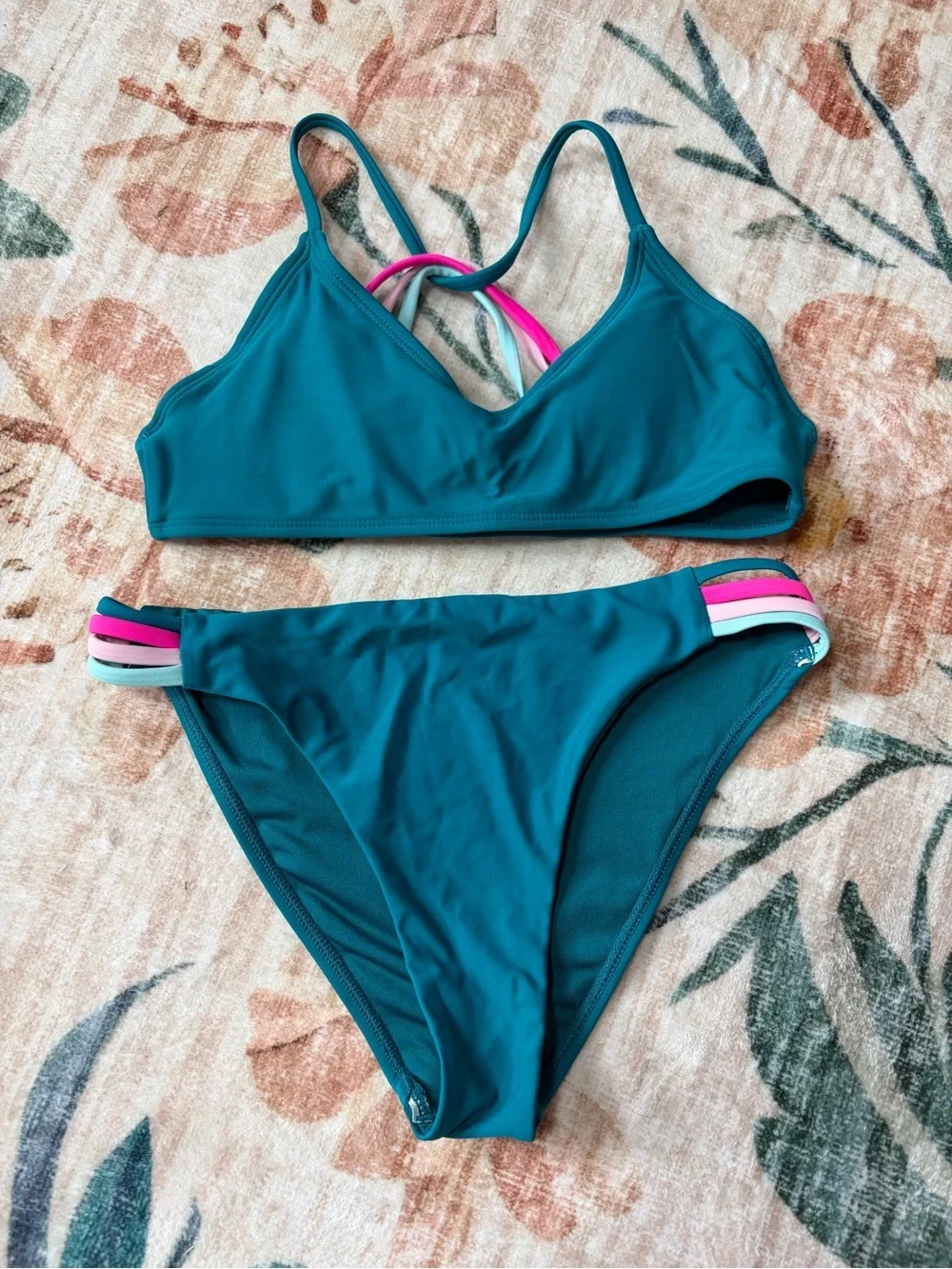 Full Tilt Girls Teal Bralette Bikini with Pink and Blue Strap Accents XS (7/8)